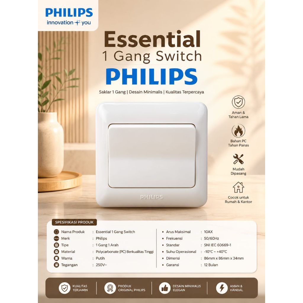 Saklar Engkel Ess 1 Gang Switch | Saklar Philips [ Original Philips ]