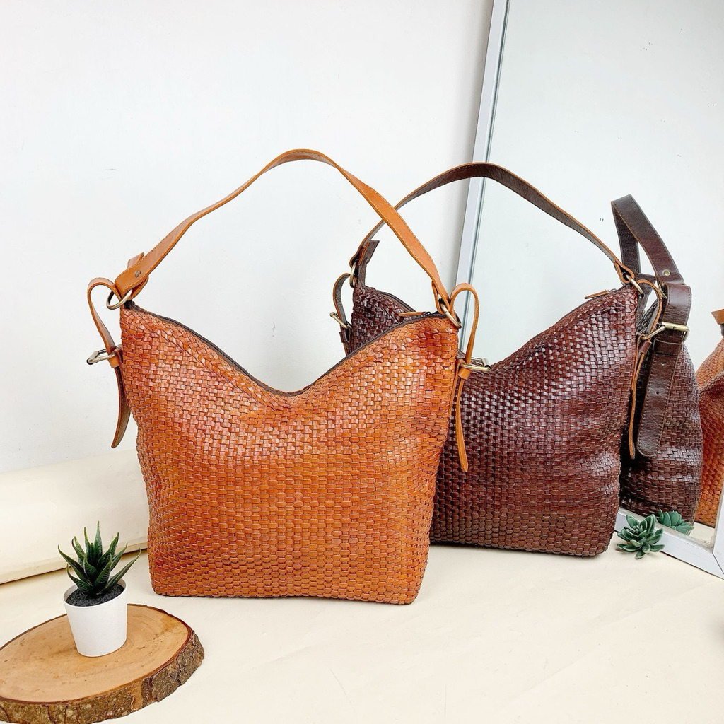 HASKAA LEATHER -Tas kulit wanita- Tas anyam - Tas kuli garut - Totebag anyam Vira seriest