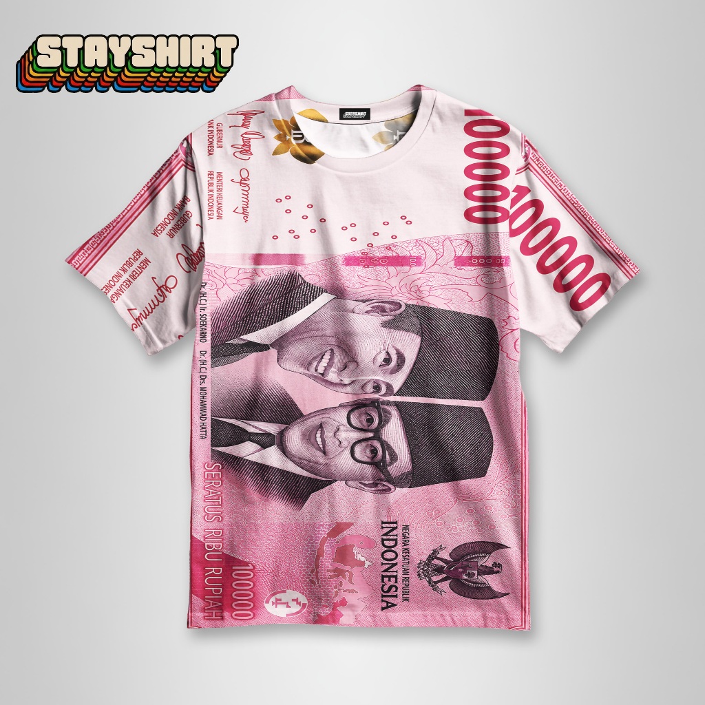 STAYSHIRT Kaos Motif Soekarno Hatta dan Uang 100 Ribu - Baju Kaos Distro Lucu Gambar Rupiah Soekarno