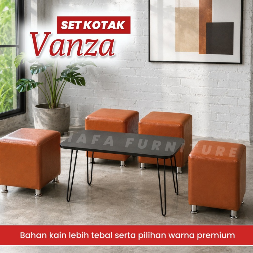 Set Stool Kotak Vanza 4 Stool Kotak 1 Meja Panjang Bahan Vanza Oscar Minimalis Mewah Modern Elegan K