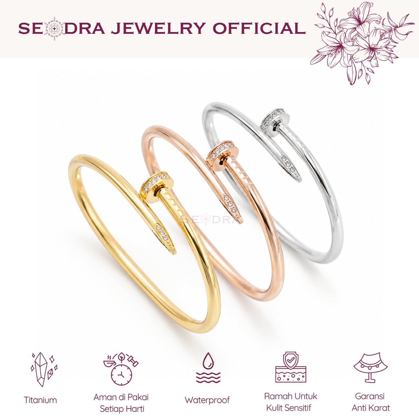 SEODRA • Gelang Bangle Paku  • Gelang Paku Permata Kombinasi • Perhiasan Gelang Bangle Wanita Anti H