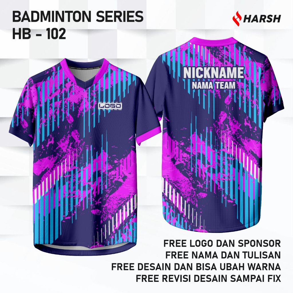 Baju Jersey Kaos Badminton Series HB-102 Desain Modern Ungu Pink Biru Custom Nama Tim Sponsor