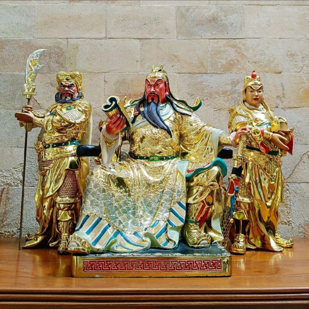 Patung / Rupang Dewa Kwan Kong & Pengawal Jubah Emas, Bahan Resin, Barang Koleksi (Set 3pcs)