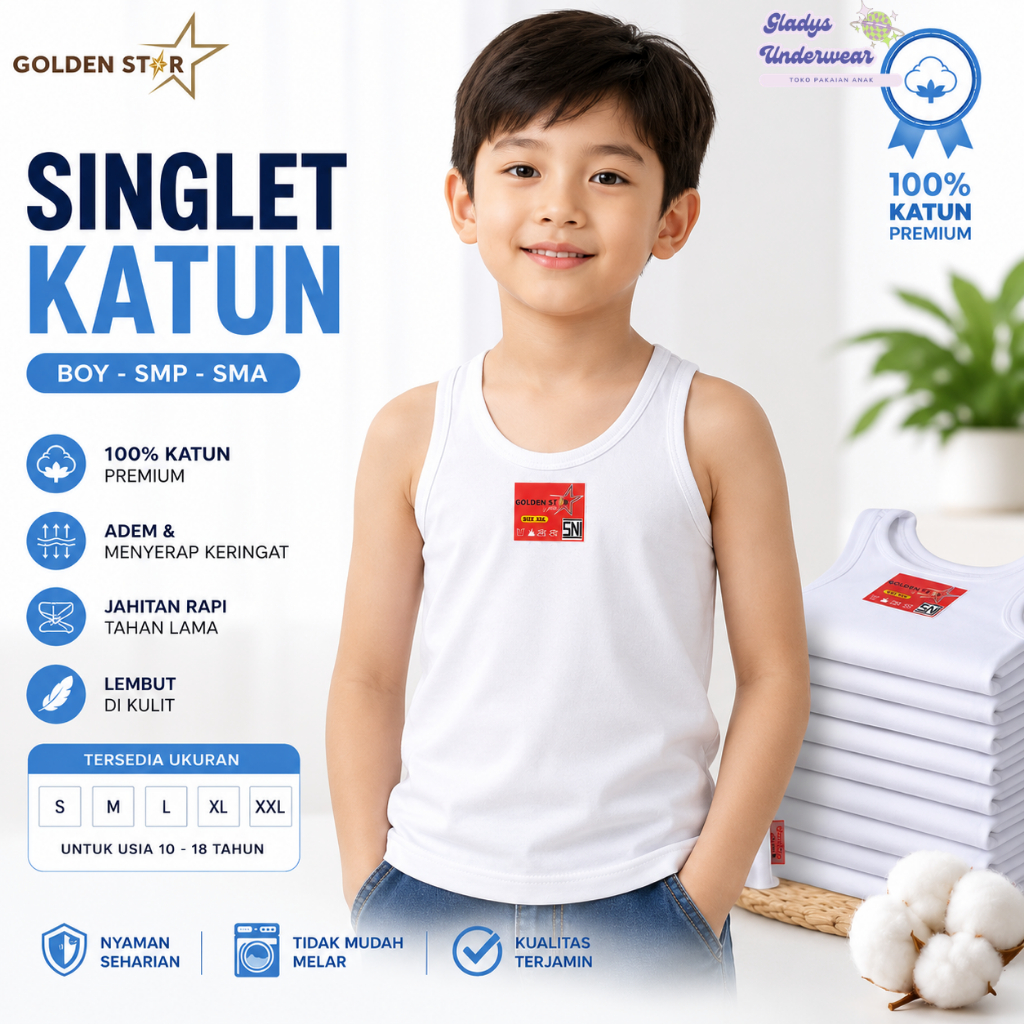 1/2 Lusin (6PCS) Kaos Dalam Anak 11 - 13 THN Polos Putih premium Golden Star - Singlet Newborn baby 