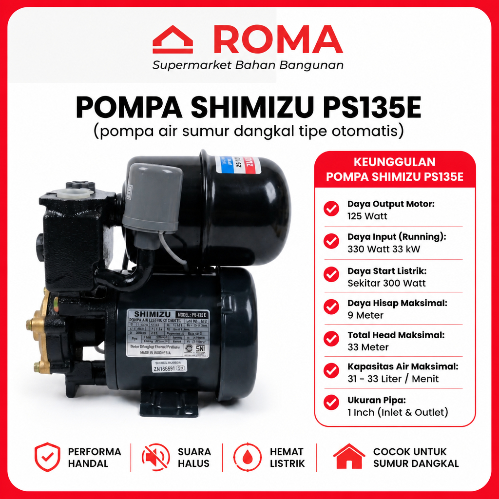 Shimizu PS 135 E Pompa Air Otomatis 125W Pompa Sumur Dangkal Sanyo