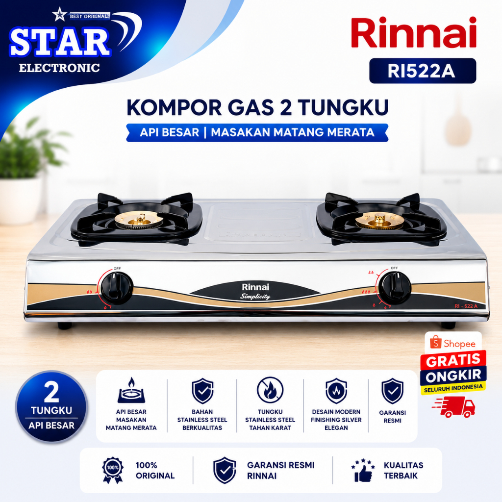 KOMPOR GAS RINNAI 2 TUNGKU RI-522 A/RI-522A/RI522A/RI 522A/RI 522 A/API BESAR/ORIGINAL GARANSI RESMI