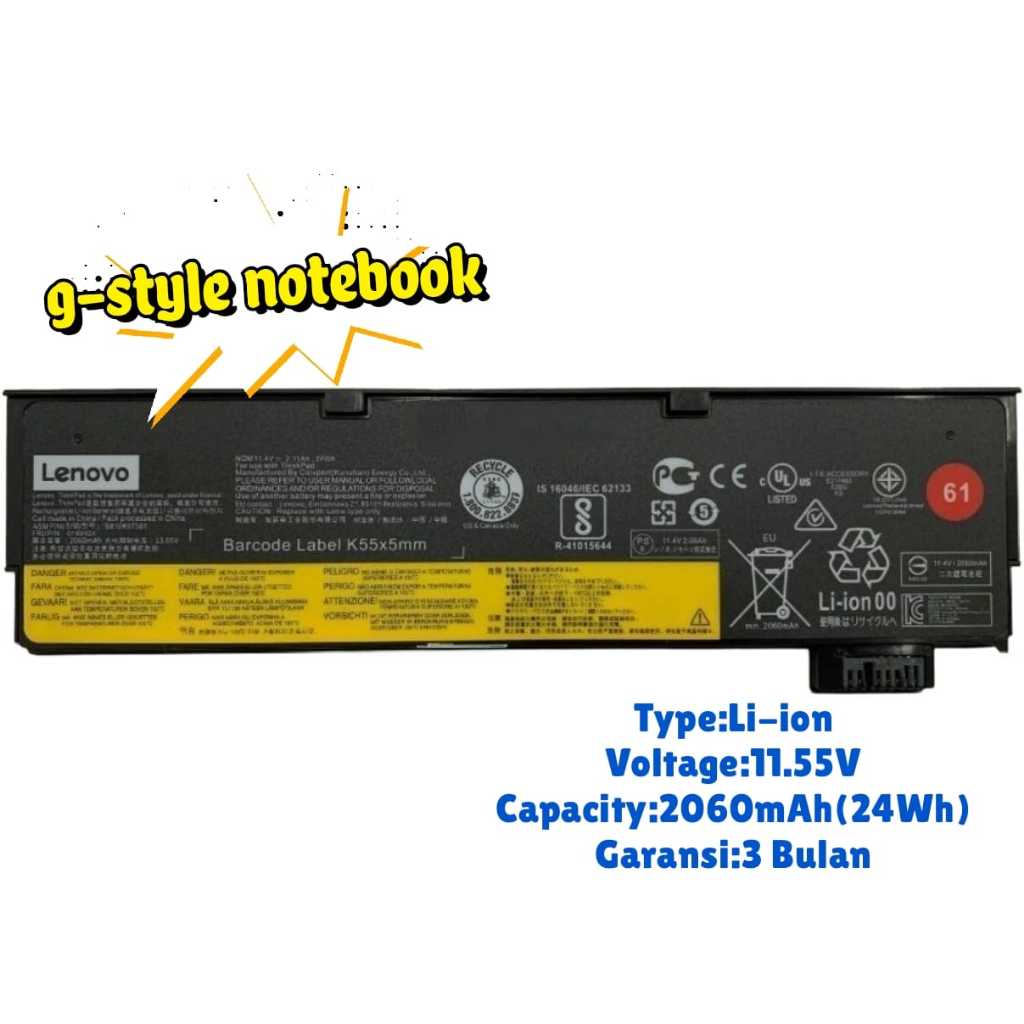 Baterai Laptop Lenovo Thinkpad T470 T480 T570 T570 T580 (61) Slim Original