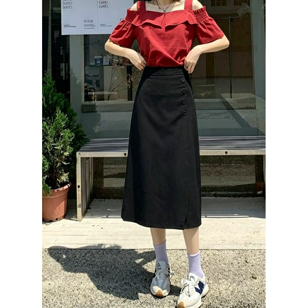 SPAO A LINE MIDI SKIRT BLACK HIGHWAIST BUTTON SLIT ROK HITAM KOREA ORIGINAL