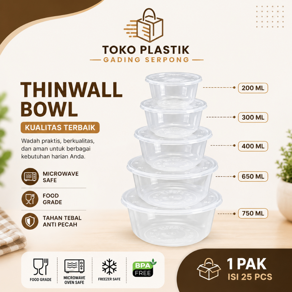Mangkuk Bulat Datar Plastik Thinwall Bowl Round Semua Ukuran 200ml 300ml 400ml