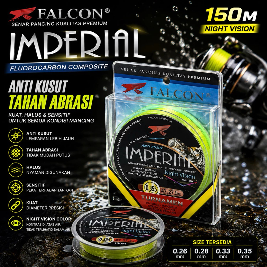 Senar FALCON IMPERIAL Fluorocarbon Composite 150M | Anti Kusut, Tahan Abrasi, Night Vision, Casting 