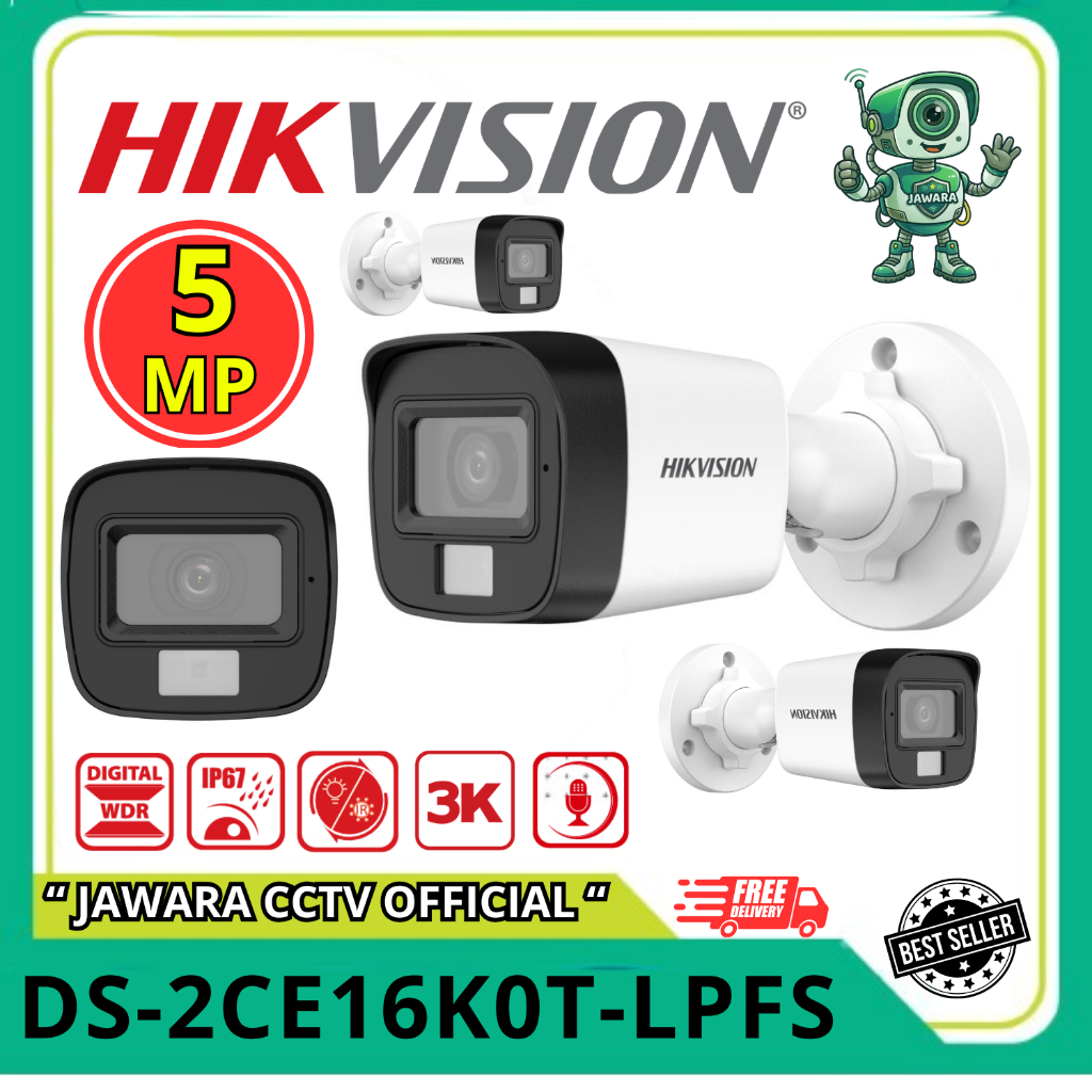 Kamera CCTV Hikvision 5MP DS-2CE16K0T-LPFS Digital WDR, IP67, 3K, Hitam Putih