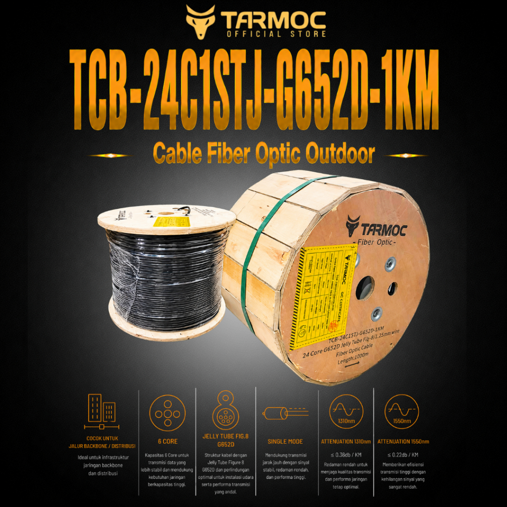 Tarmoc TCB-24C1STJ-G652D-1KM  | Fiber Optic Cable G652D Fig-8 Jelly Tube 24 Core 1000m Kabel FO 24C 