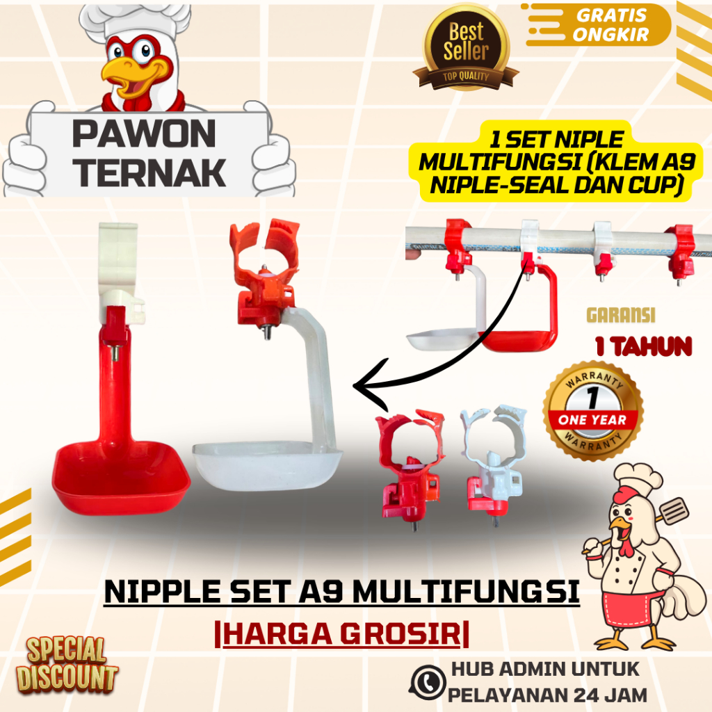 Nipel Nipple Nippel Nepel Ayam Petelur Broiler Puyuh Layer A9+Mangkok multifungi merah putih HARGA G
