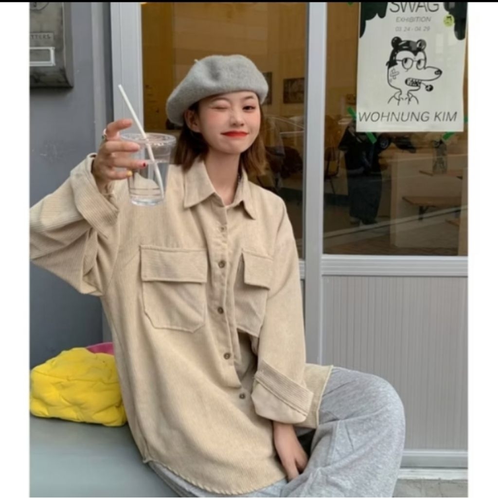 kemeja/jaket oversize Corduroy warna aprikot size XL preloved premium