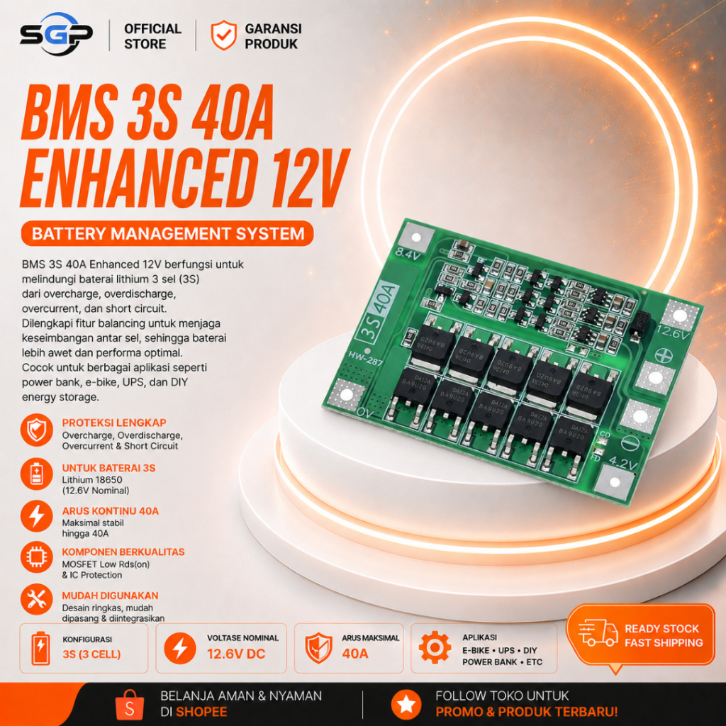 BMS 3S 40A ENHANCED 12V 11.1V 12.6V Baterai Li-ion Lithium 18650 Charger Module BMS 3S 40A 12.6V ENH