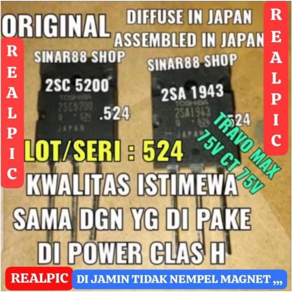 LOT 524 Hrg 1 SET/PASANG ORI 5200 + 1943 TR TRANSISTOR TOSHIBA 2SA1943 2SC5200 1943 5200 FINAL ASLI 