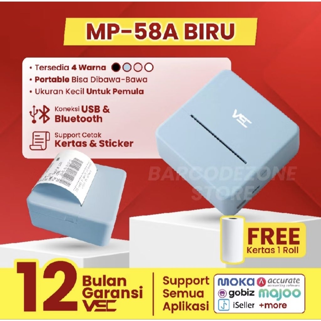 Mini Thermal Printer Bluetooth VSC MP-58A Biru RPP02N