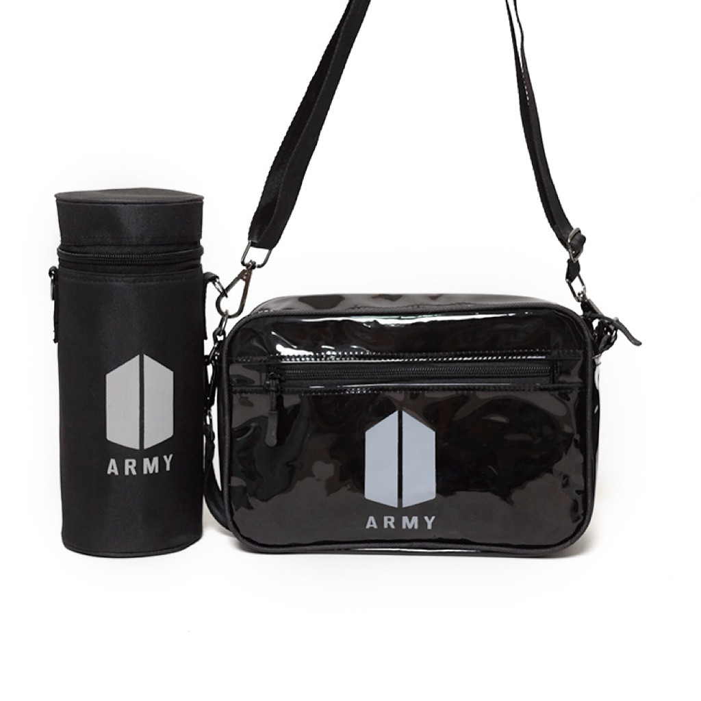 Paket Tas Selempang Smoke Black Bag Waterproof Konser BTS ARMY Clear Bag + Light Stick Case Army Bom