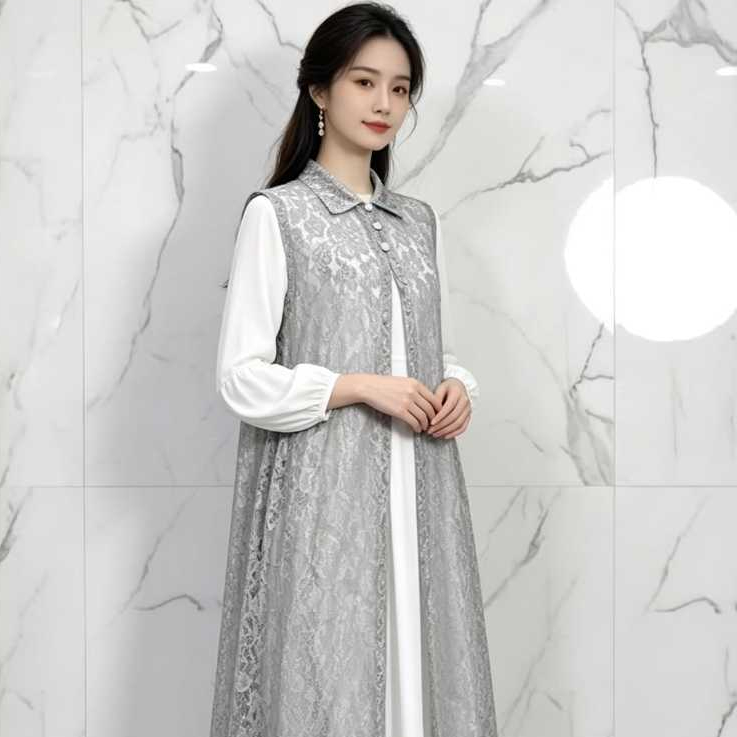 outer tunik brokat long wanita elegan tanpa lengan