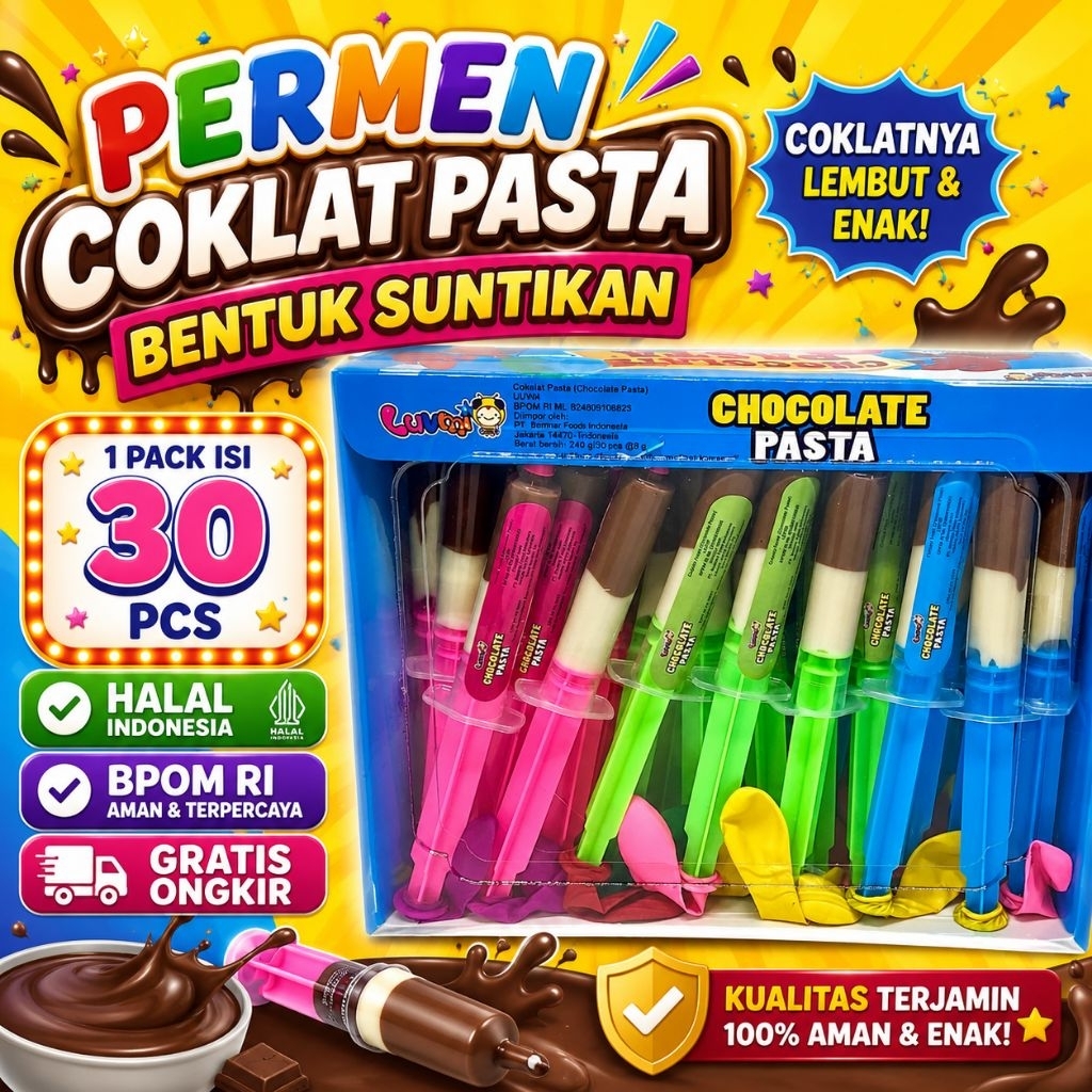 Permen Coklat Pasta Bentuk Suntikan + balon1 Pack Isi 30 PCS