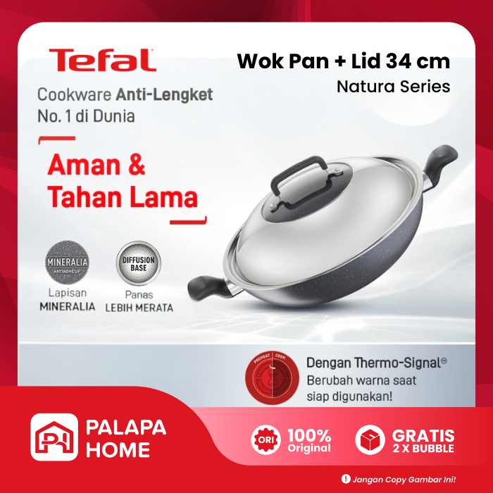 Tefal Wokpan 34 cm + Tutup Natura Series || Panci Wajan Penggorengan Non-stick Mineralia Coating