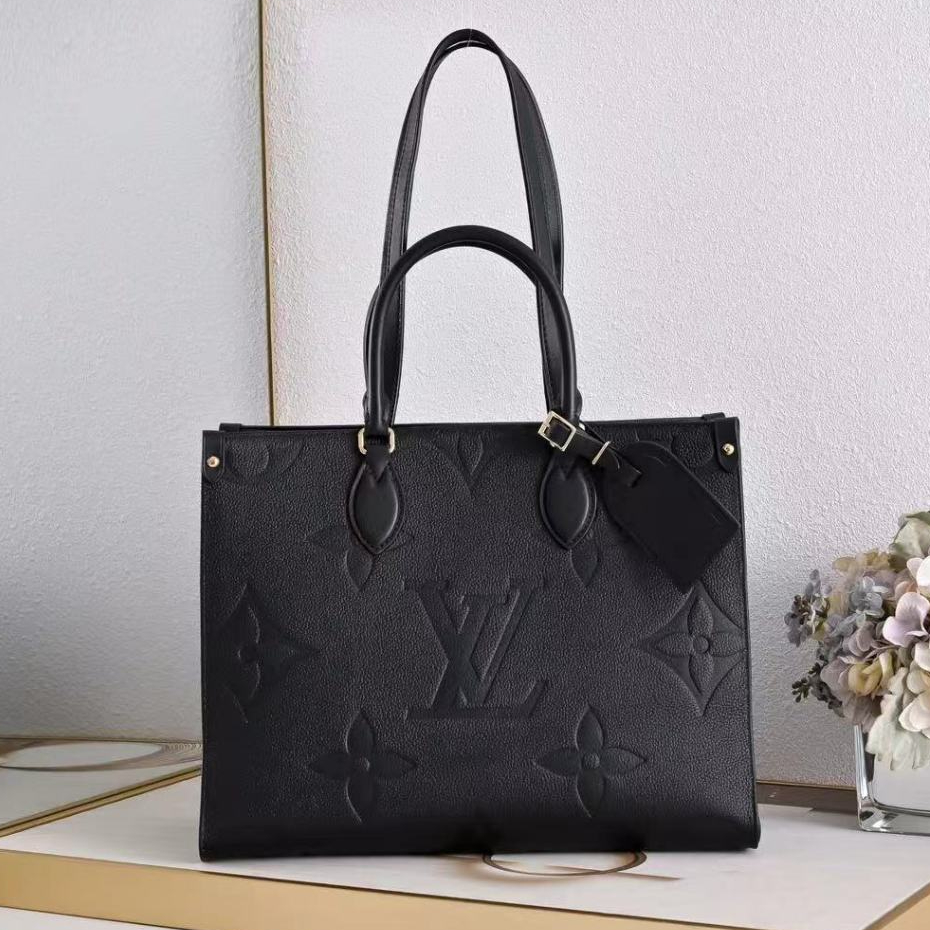 Tas Tote Wanita Hitam Kulit Motif Monogram LV Dengan Tali Panjang Dan Gantungan Elegan