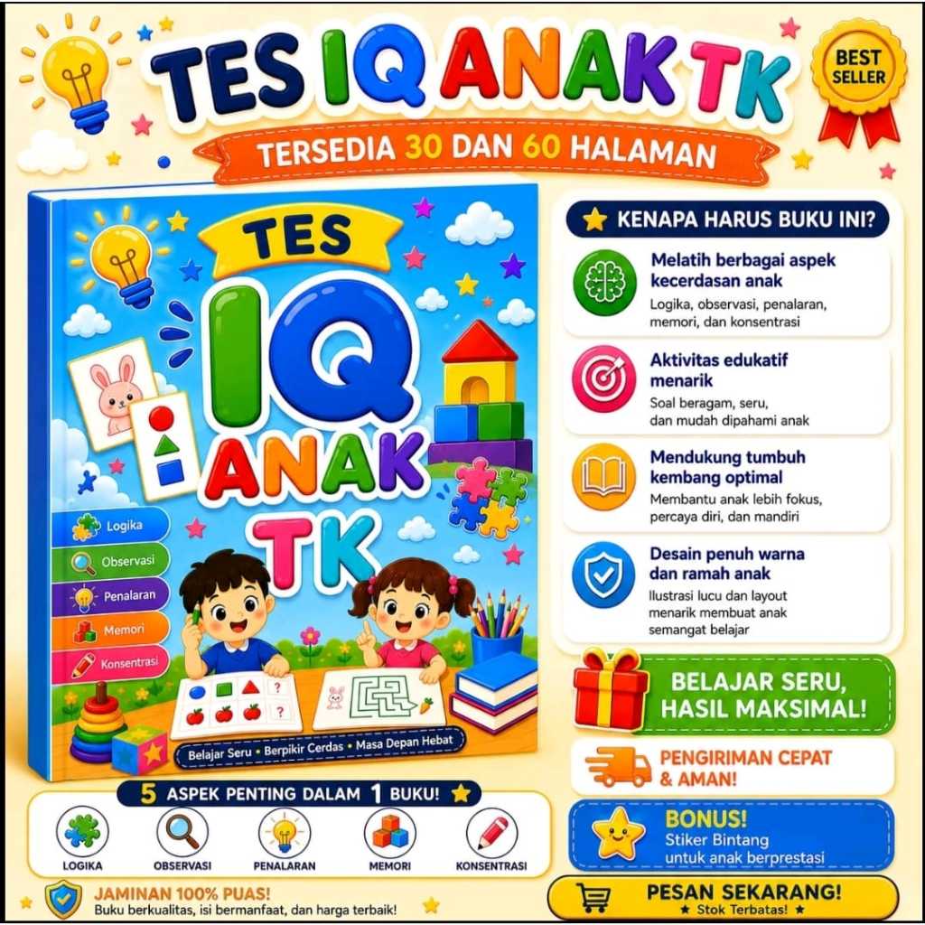 BUKU TES IQ ANAK TK / BUKU  LATIHAN SOAL TES IQ ANAK TK KINDERGARTEN 30 HALAMAN DAN 60 HALAMAN