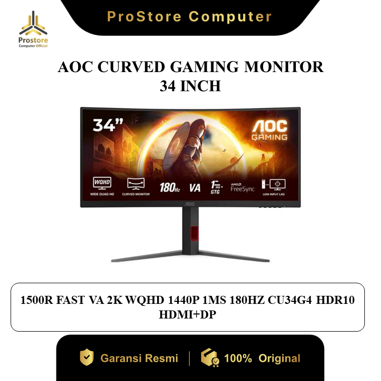 AOC CURVED GAMING MONITOR 34 INCH 1500R FAST VA 2K WQHD 1440P 1MS 180HZ CU34G4 HDR10 HDMI+DP 3Y ERGO