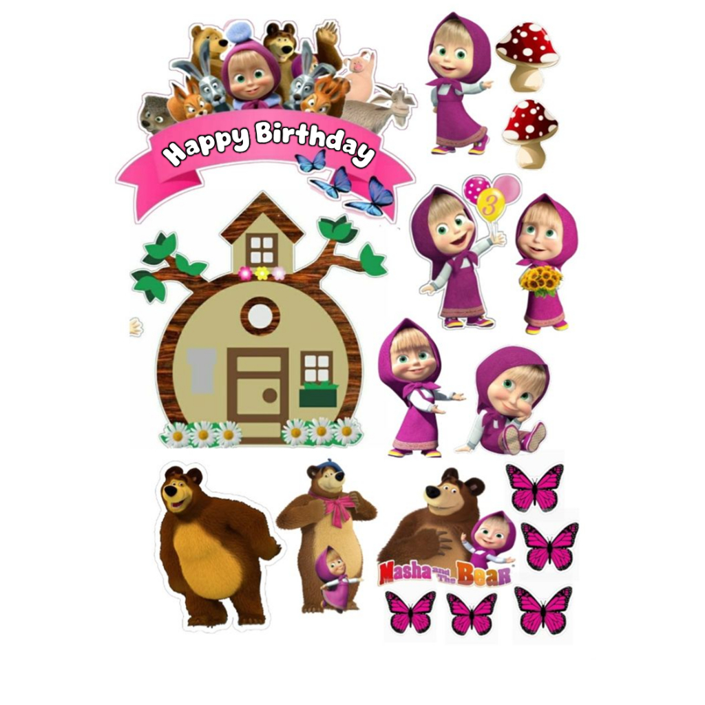 Topper Masha and the Bear / Hiasan Cake Masha and the Bear Custom Nama / Topper Murah Ekonomis / Cak