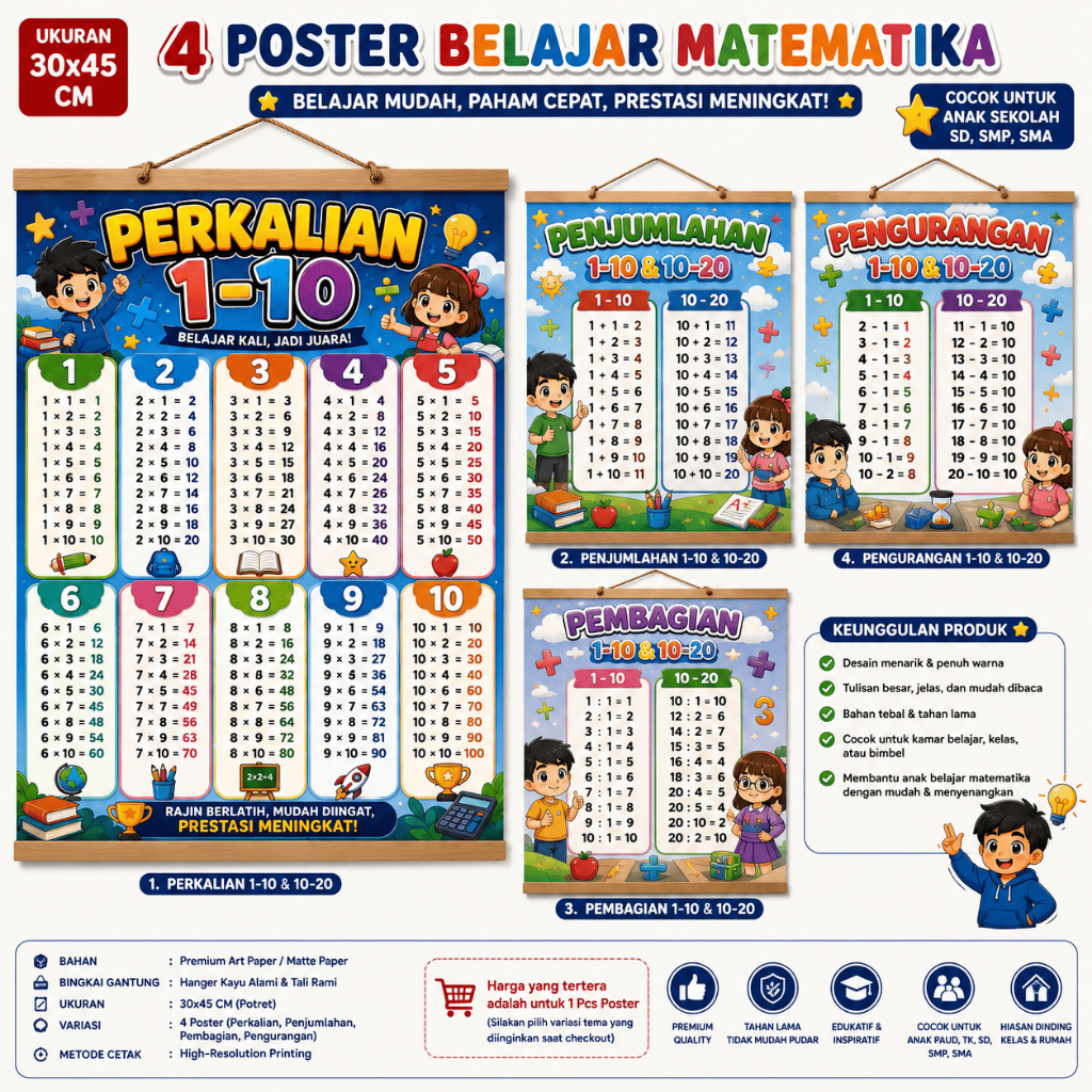 Poster Belajar Matematika Perkalian Pembagian Penjumlahan Pengurangan Edukasi Anak SD SMP Hiasan Din