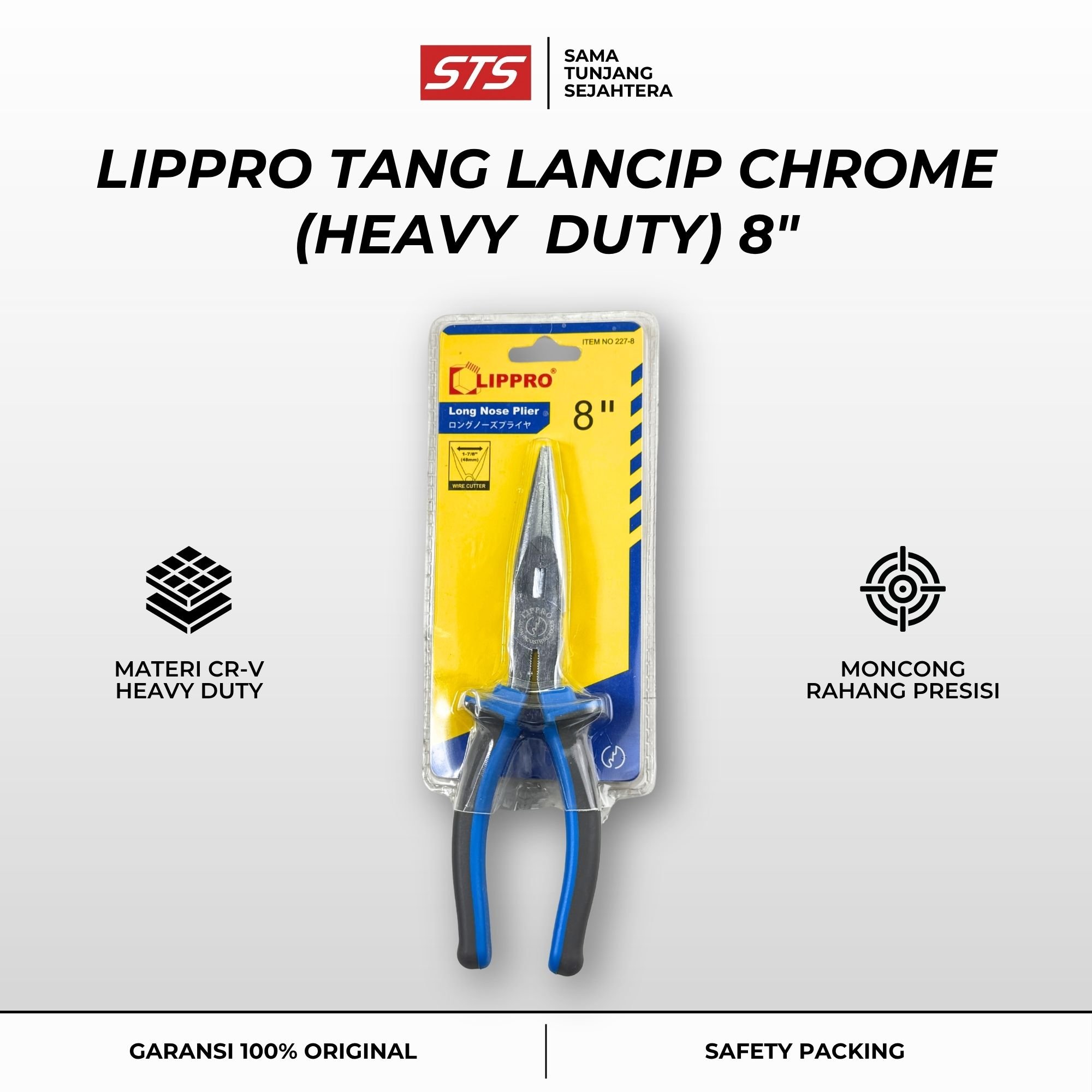 Tang Lancip Chrome Heavy Duty Lippro  8" Inch - Long Nose Pliers (227-8) - Tang Pemotong Kawat Jepit