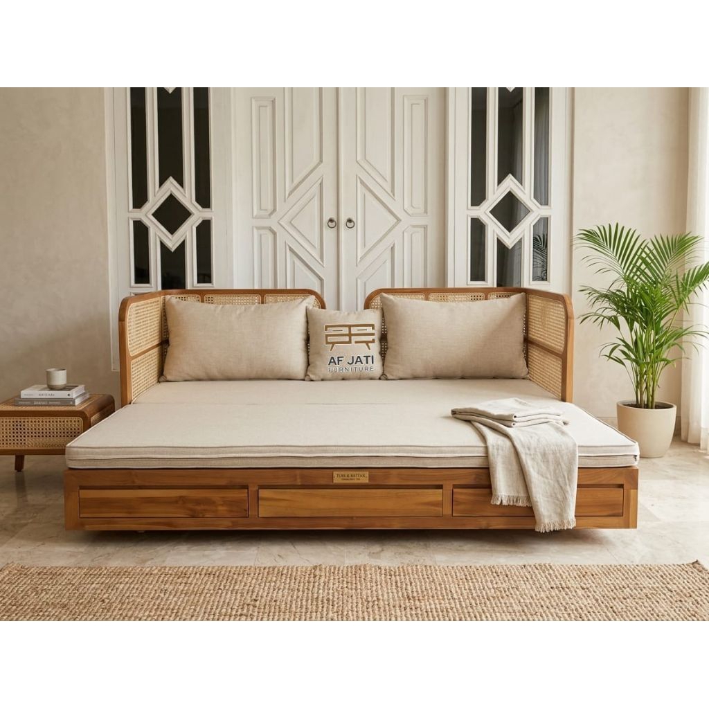 Sofa Bed Kayu Jati-Rotan Minimalis