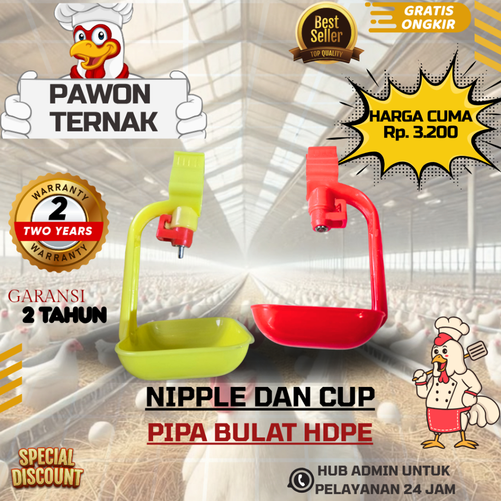 NIPLE BROILER PREMIUM HDPE & STANDART NIPLE AYAM PIPA AIR 3/4 inchi BULAT - Tempat Minum Ayam Broile
