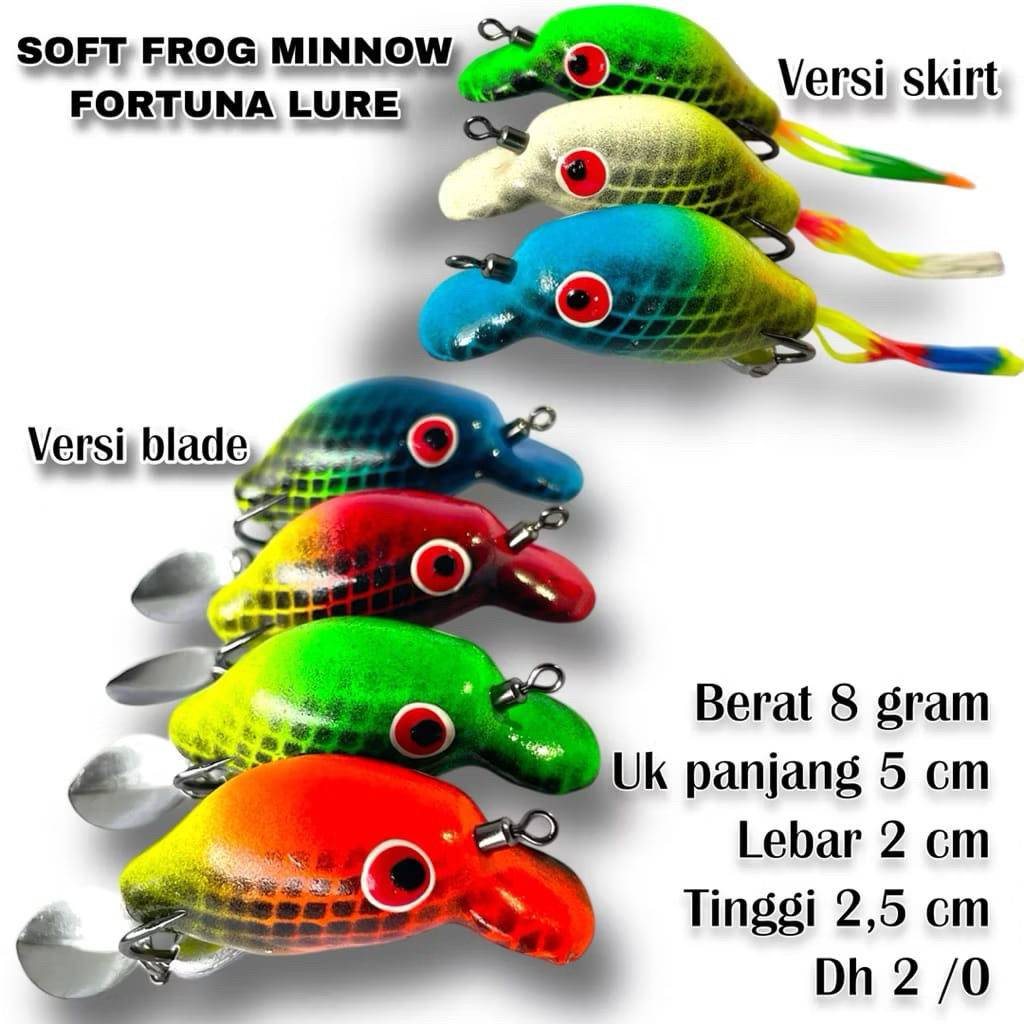 Umpan Soft Frog Minnow Fortuna Lure 5cm 8 Gram - Double Hook 2/0 (Versi Skirt & Blade)