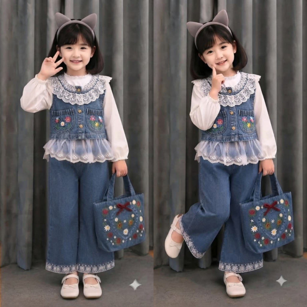 Setelan anak perempuan jeans 2in 1 atasan ruffle peplum celana kulot denim usia 3-11 tahun OOTD kore
