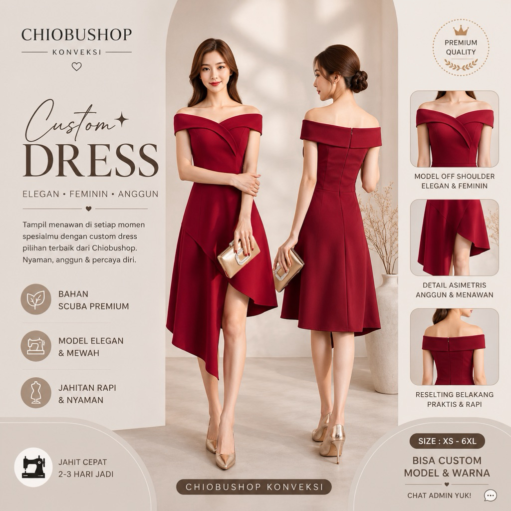 Chiobushop - (Wanglia) Dress Midi Off Shoulder High Low Scuba Premium Elegant Party Dress Kondangan 