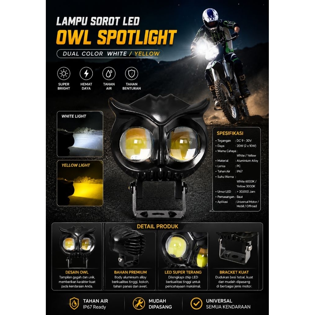 Lampu Sorot LED /Lampu Tembak /Led /Lampu Sorot Owl 2 LED DC 12-24 V