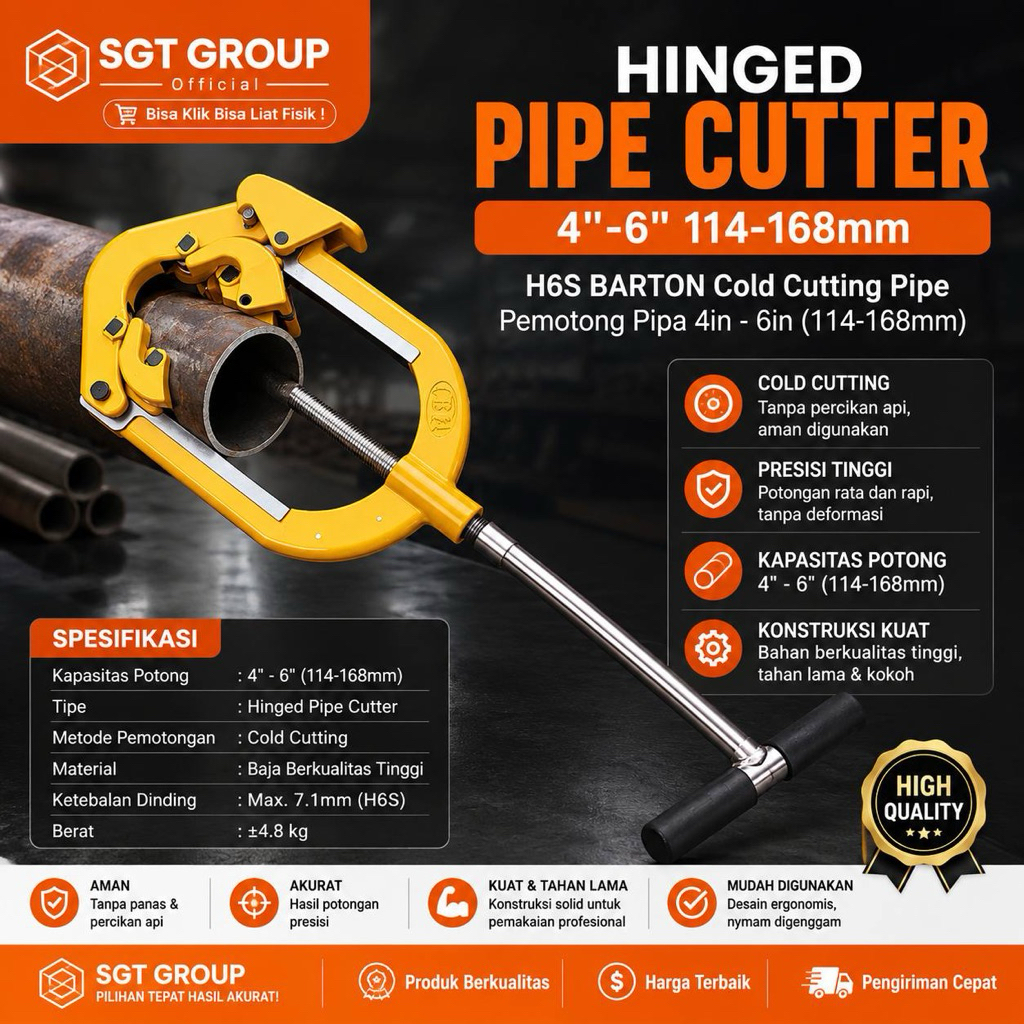BARTON H6S Hinged Pipe Cutter 4 Hingga 6 Inch 114 Sampai 168 mm Cold Cutting Alat Pemotong Pipa