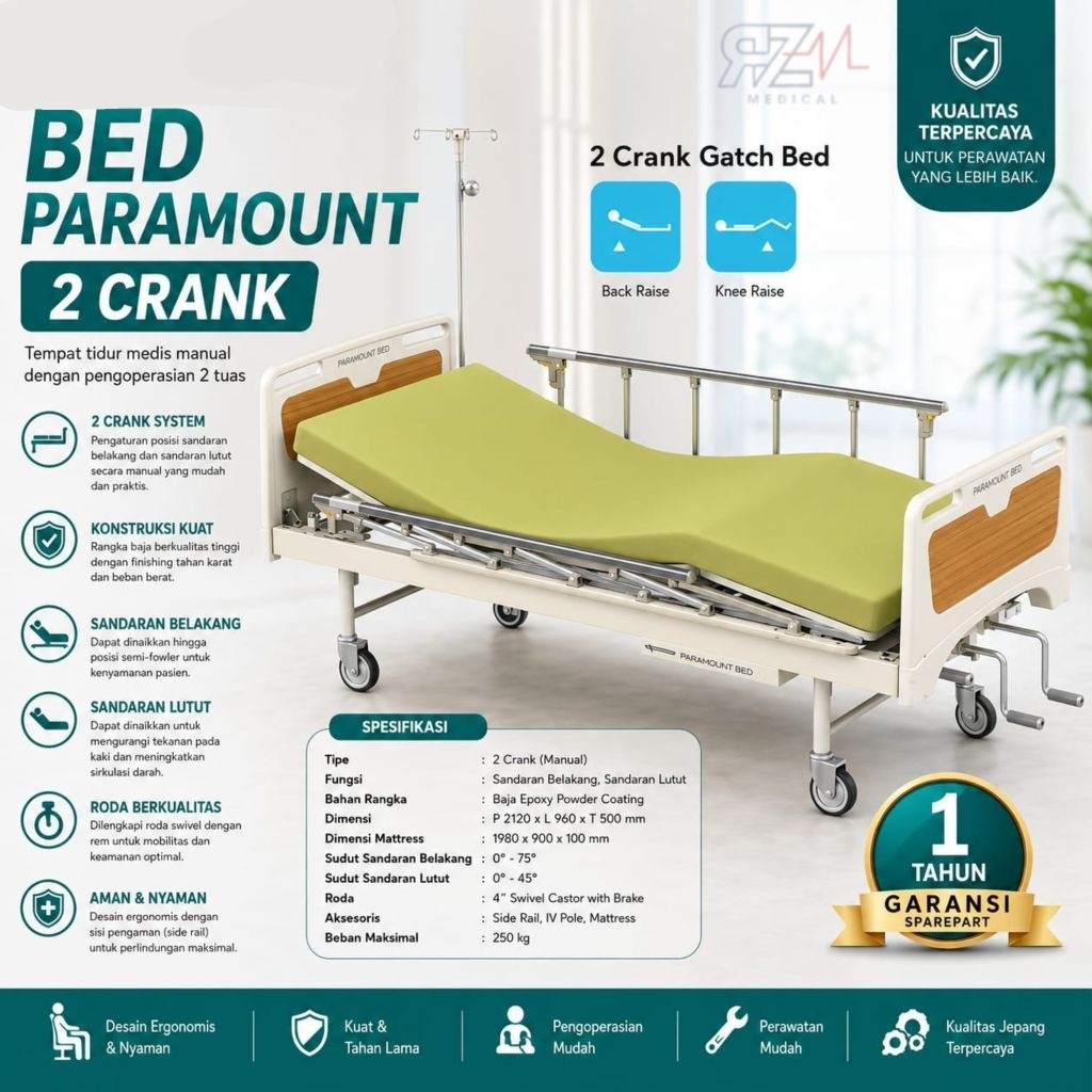 Bed Paramount 2 Crank Bed Tempat Tidur Pasien 2 Crank Manual Roda Siderail Perawatan Medis