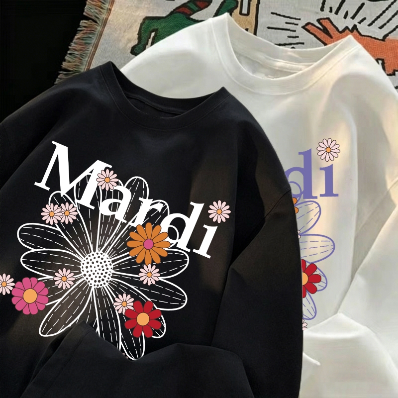 TINY Kaos Lengan Panjang Unisex Pria Wanita Warna Hitam Putih Oversized Motif Bunga Daisy Warna-warn