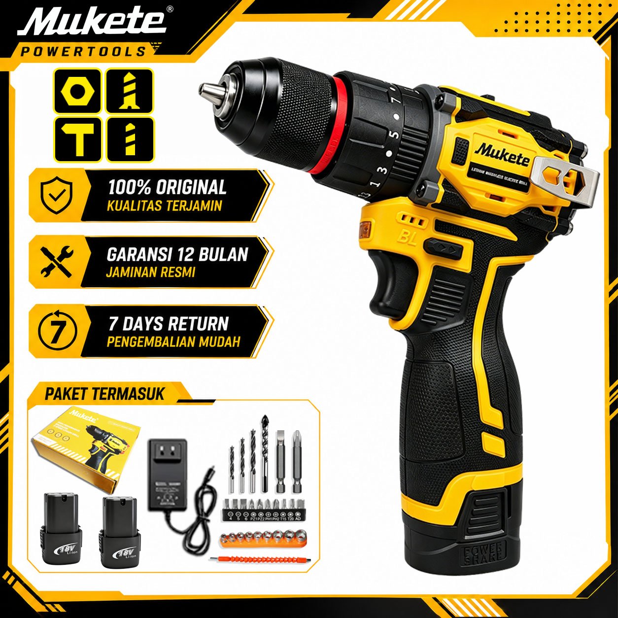 Bor Listrik Brushless 18V 10mm Bor Baterai Bor Cordless Bor Impact Baterai Mesin Bor Baterai Bor Imp