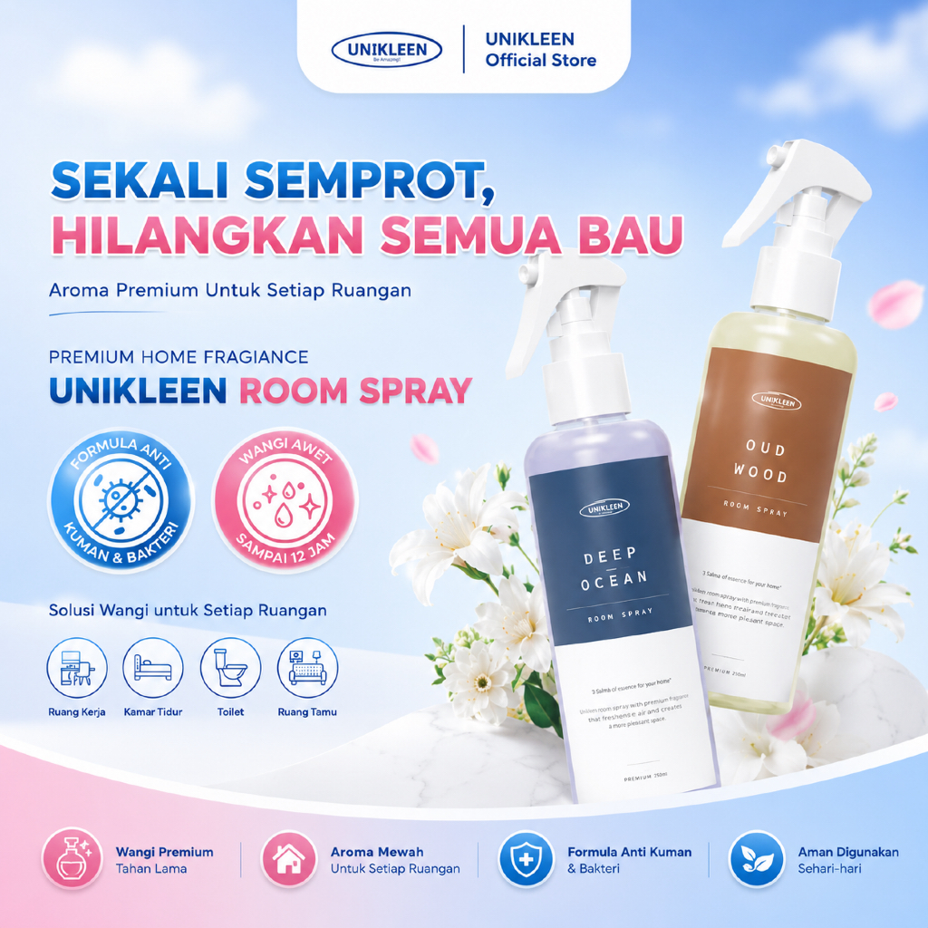 Unikleen Bed & Room Spray - Pengharum Ruangan Anti Bakteri, pewangi ruangan Sofa & Kasur, Linen Spra