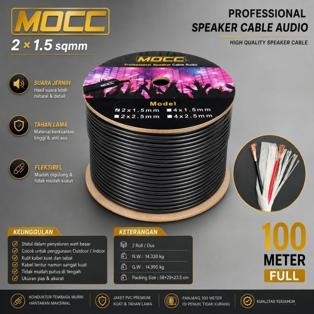 Kabel Audio Speaker MOCC 2x1,5mm | Kabel Speaker Per 100 meter Mocc 2 x 1,5 mm