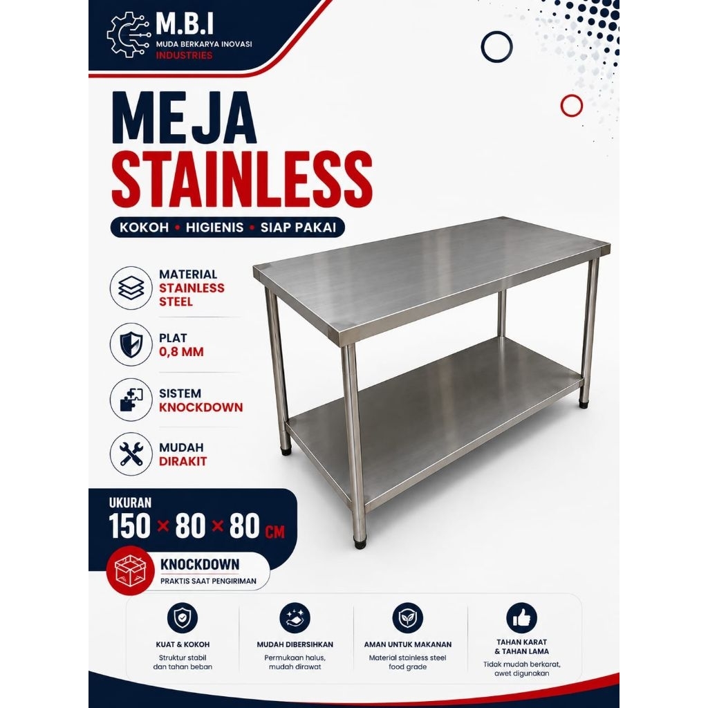 Meja Stainless Steel 150x80x80 | Meja Dapur MBG | Meja Kerja Stainless Knockdown