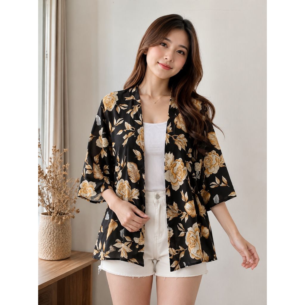 Kimono Cardigan Wanita Motif Bunga Premium | Outer Floral Lengan Panjang | Katun Rayon | All Size