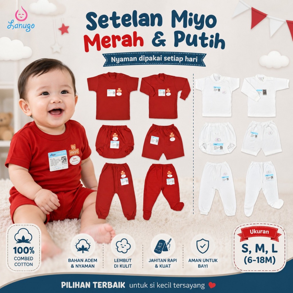MIYO 1 Pcs Merah Putih Celana Pendek Panjang Oblong Panjang Pendek S,M,L (6-18M) Setelan Miyo | Perl