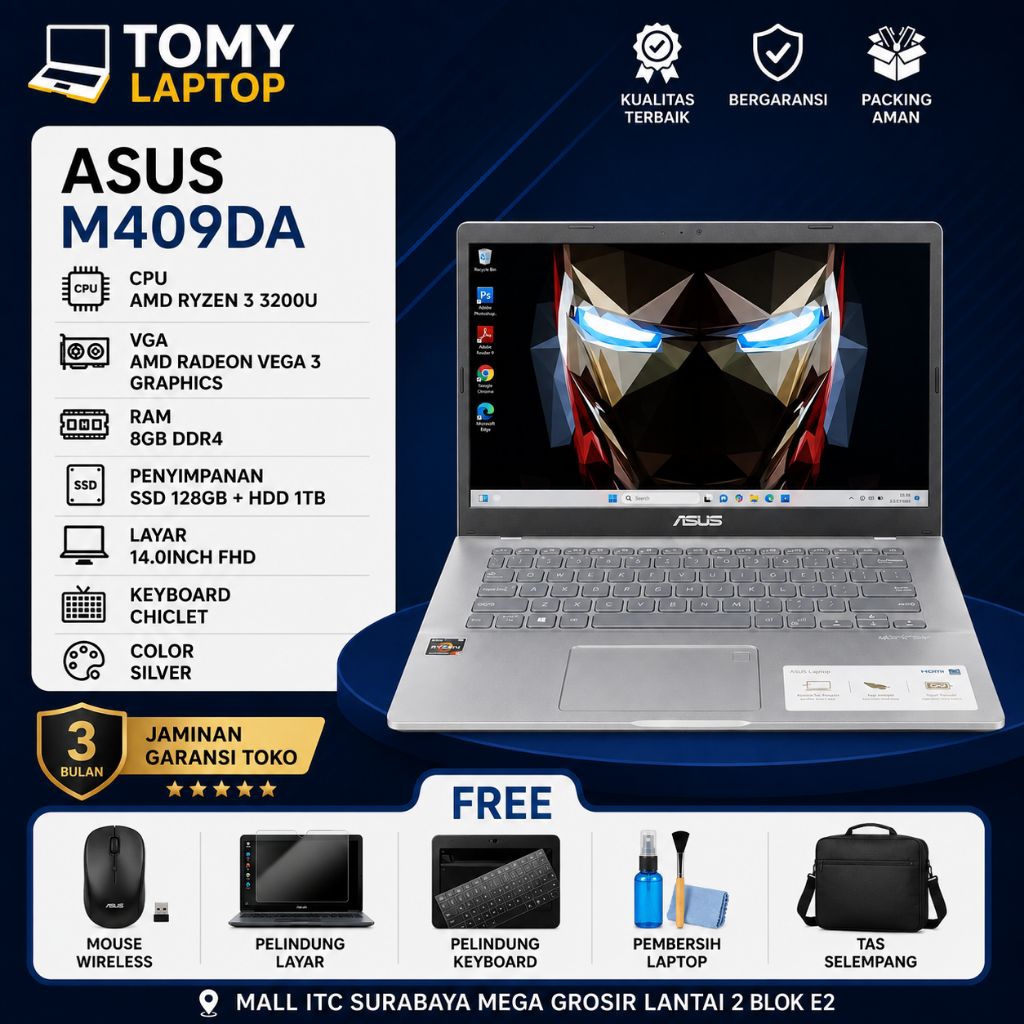 LAPTOP SECOND JAMINAN GARANSI TOKO ASUS M409DA AMD RYZEN 3 3200U AMD RADEON VEGA 3 GRAPHICS RAM 8GB 