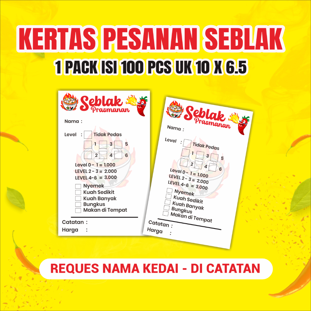 Kertas Pesanan Seblak prasmanan  bisa custom nama warung isi 100 kertas seblak kertas menu seblak ke