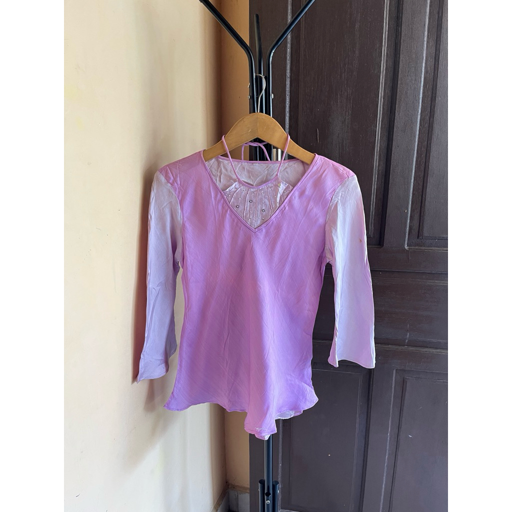 blouse satin ungu lilac korean style baju atasan top wanita murah cantik