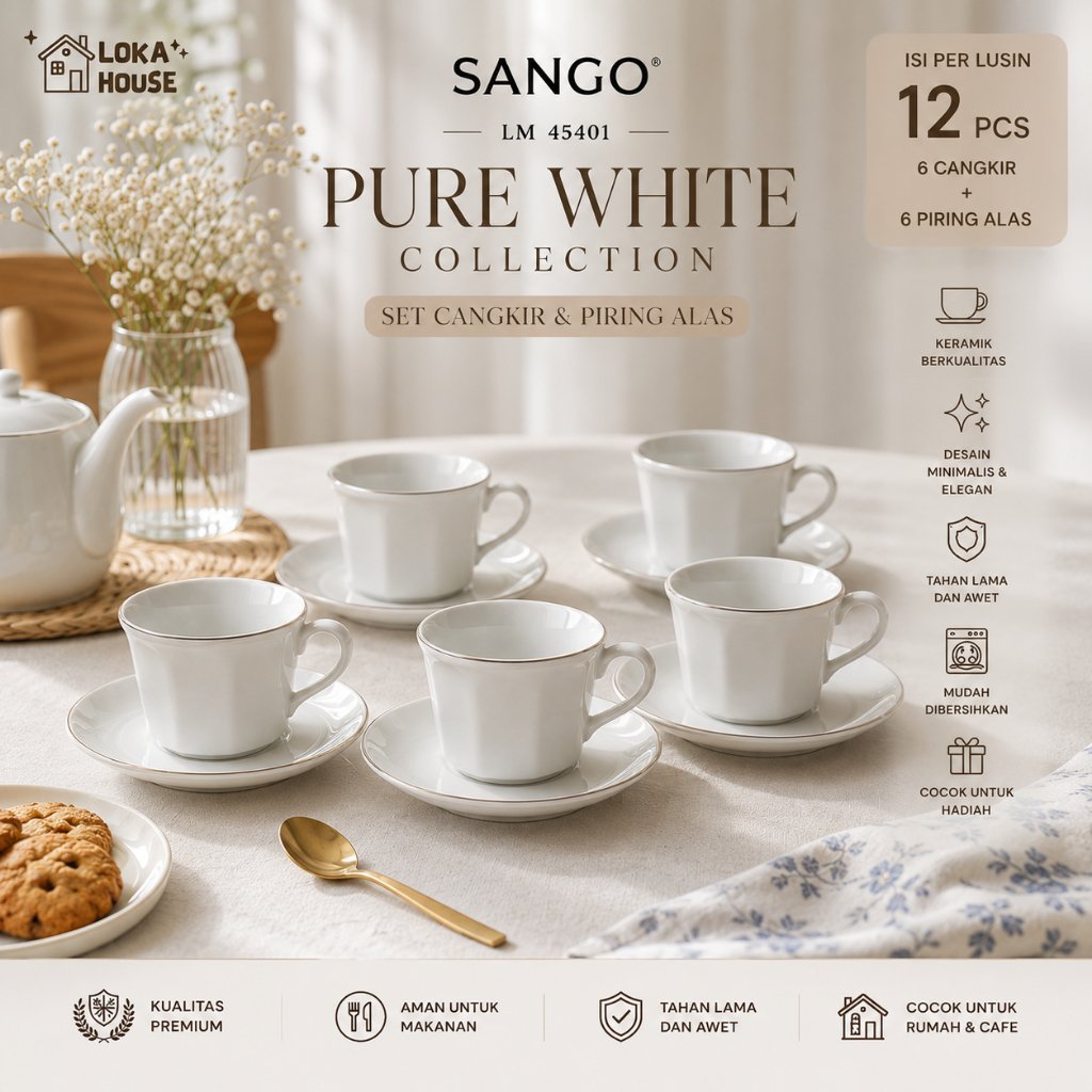 Loka House | [1 LSN=12 PCS (6 Cangkir + 6 Piring Alas] Cangkir Teh/Kopi Sango Putih Simple Polos